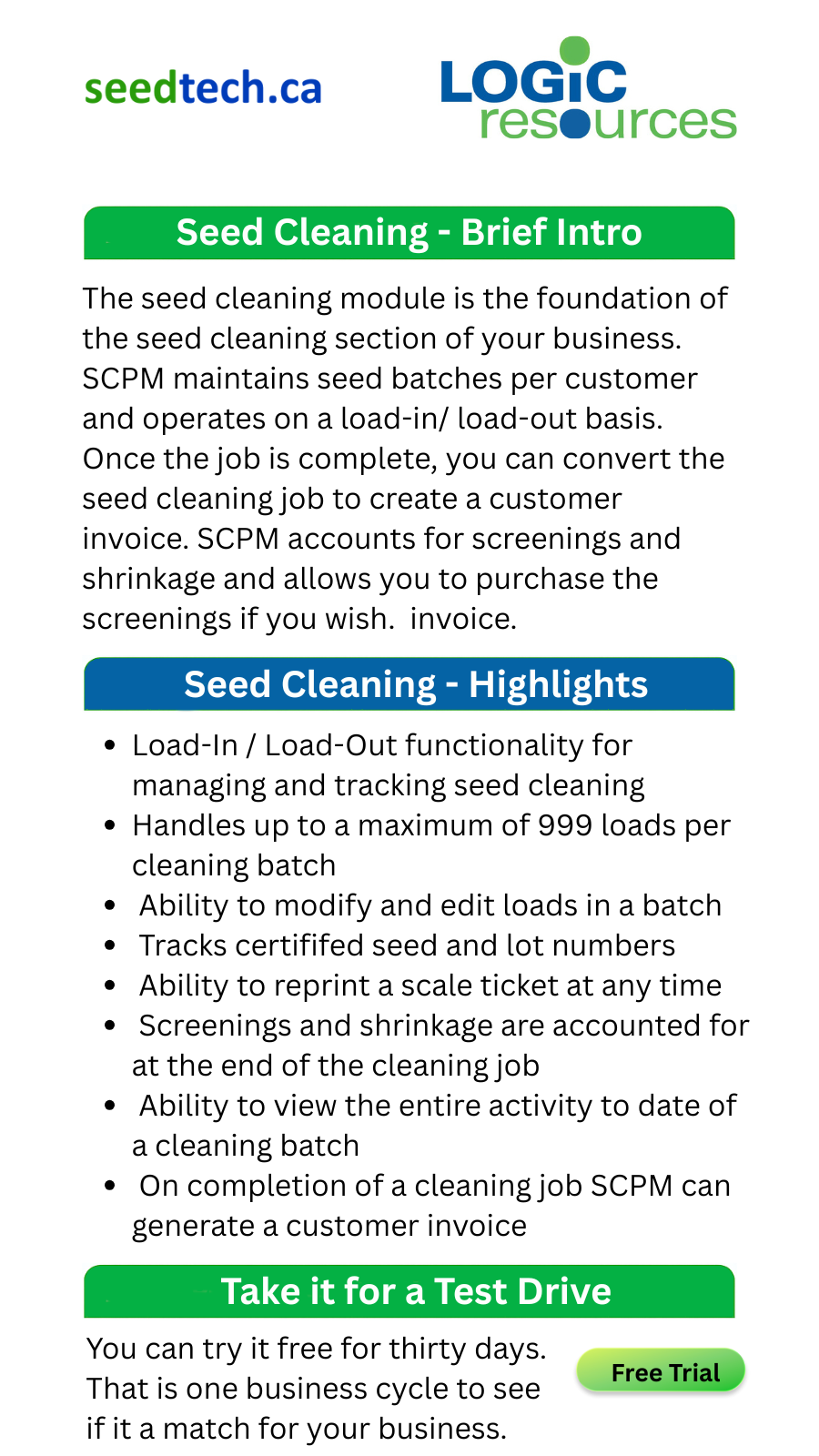 Summary of SeedTech software features