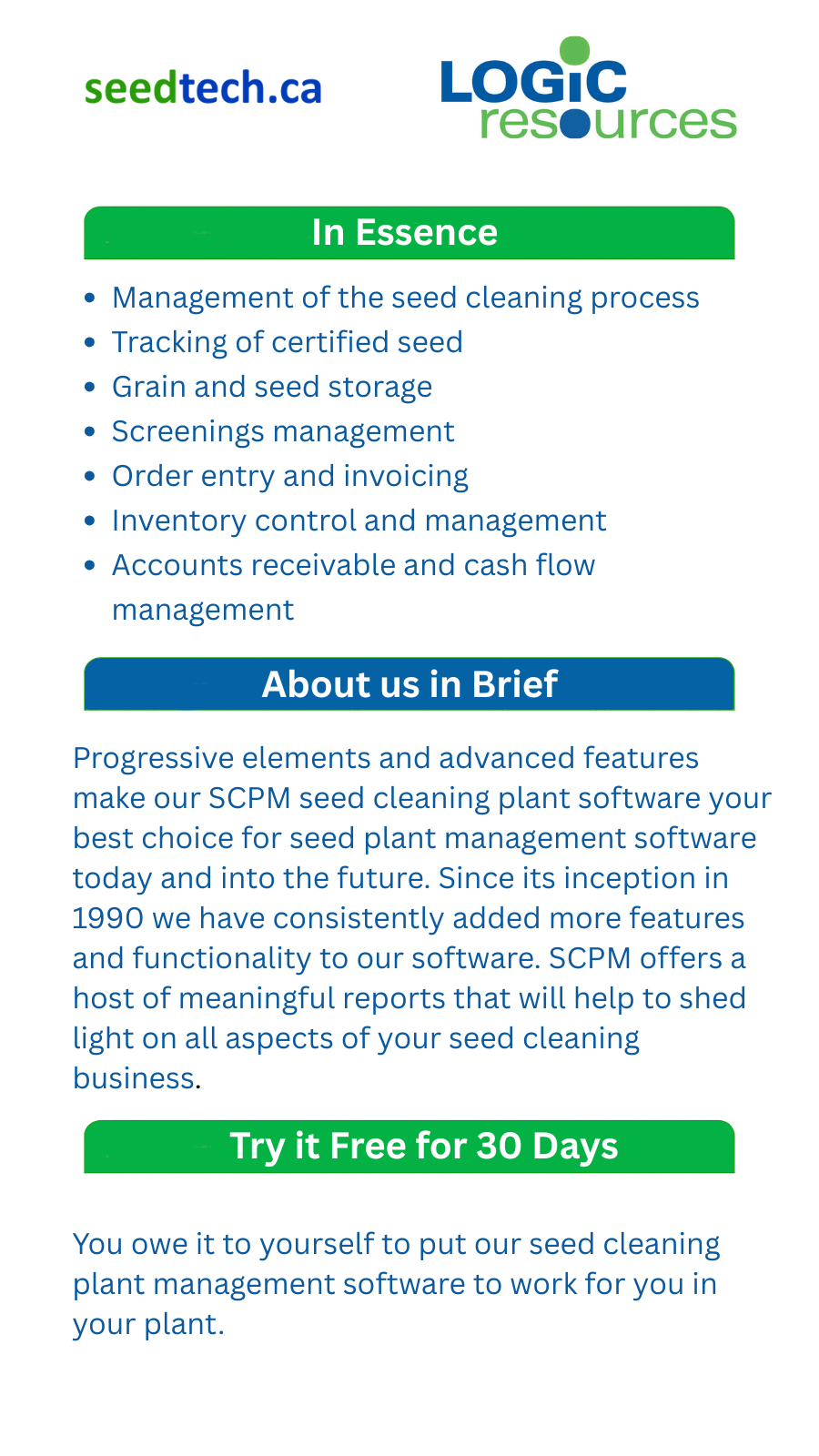 Summary of SeedTech software features