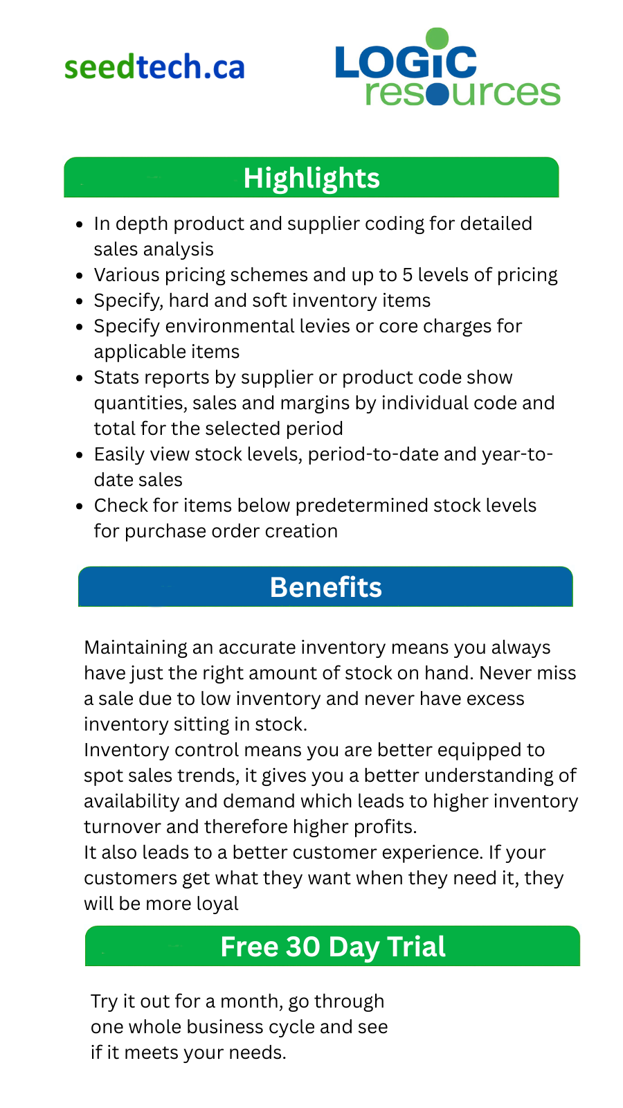 Summary of SeedTech software features