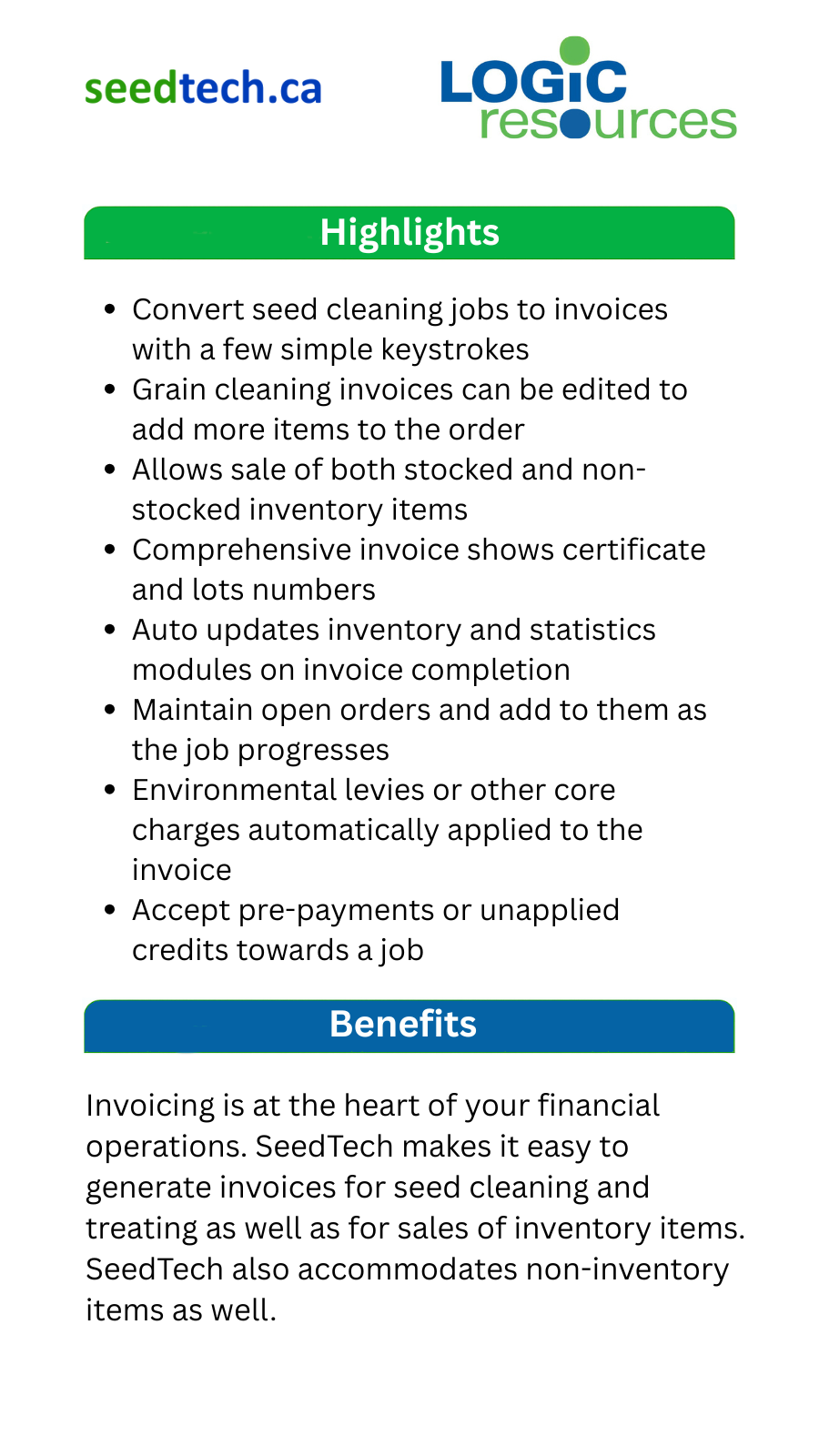 Summary of SeedTech software features